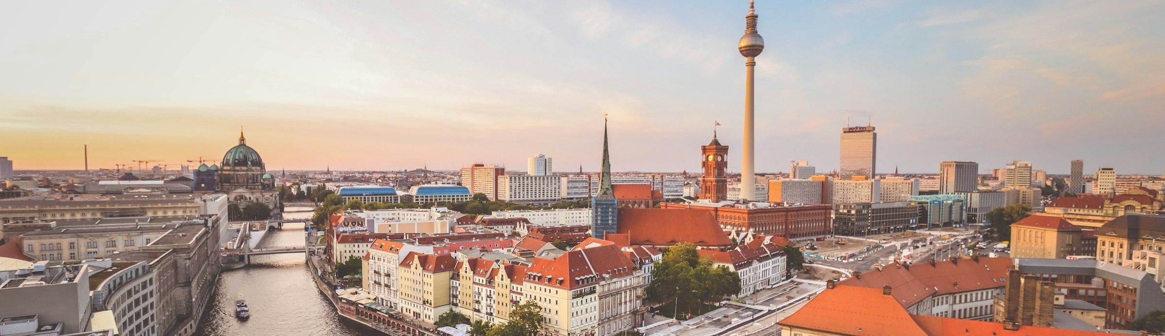 Berlin from above at sunset: the River Spree, Berlin Cathedral and the TV Tower