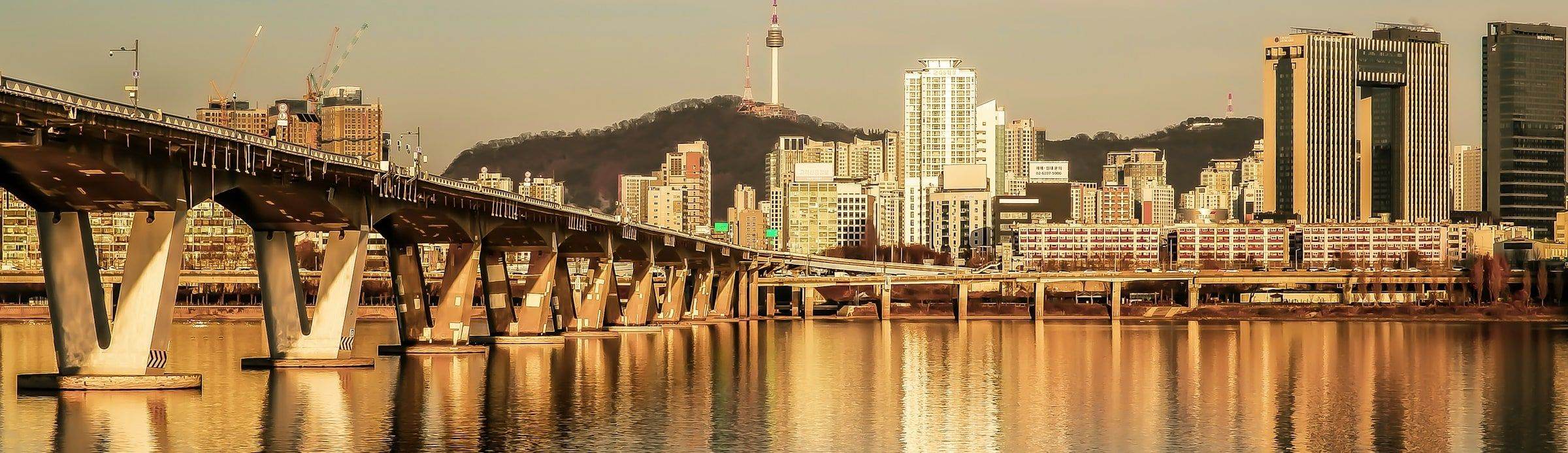 The Han River, a bridge and N Seoul Tower at sunset, Seoul